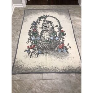 VTG Biederlack Reversible Kitten Cat Basket Flowers Floral Blanket Throw 52x74